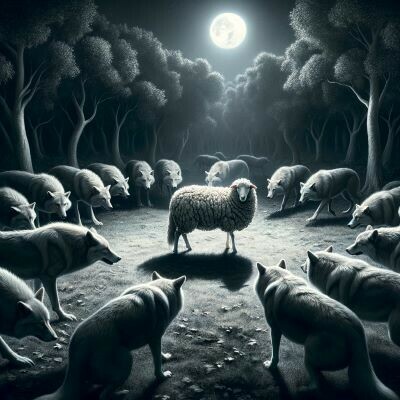 Wolves surround a sheep in the moonlight.