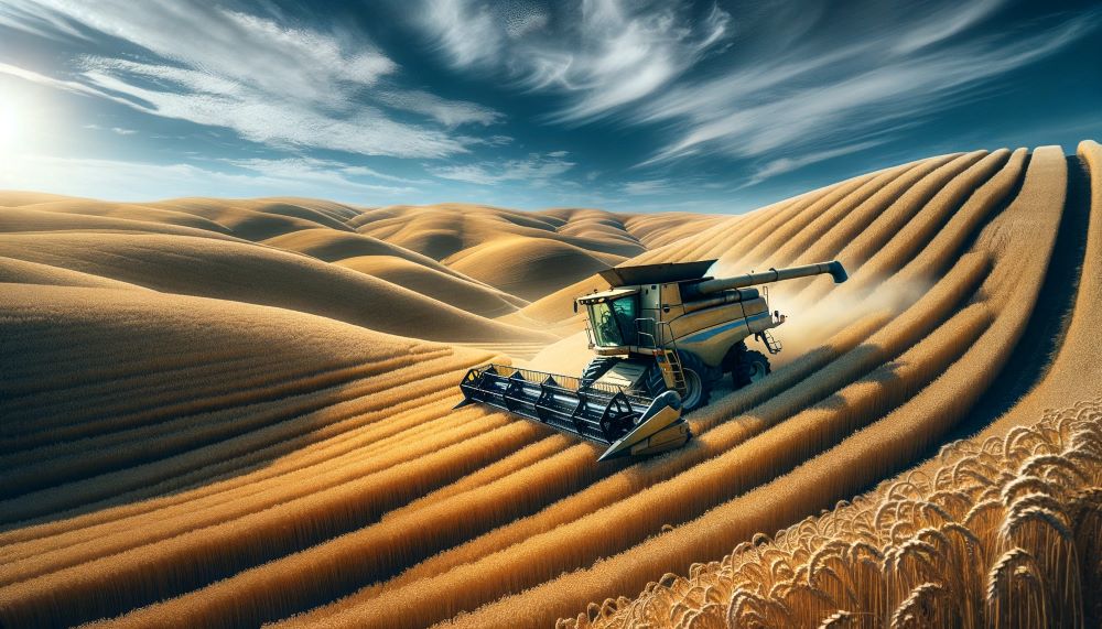 DALL-3 photo-realistic image of a combine crawling Eastern Washington wheat field